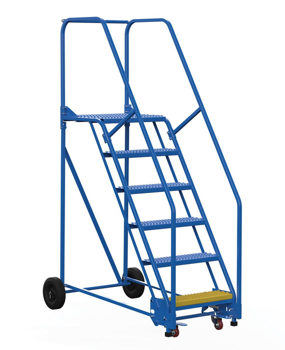 Vestil LAD-6-21-G Steel Rolling Warehouse Ladder 58 Degree 6 Grip Strut 23-9/16 in. Step Width 350 lb. Capacity Blue