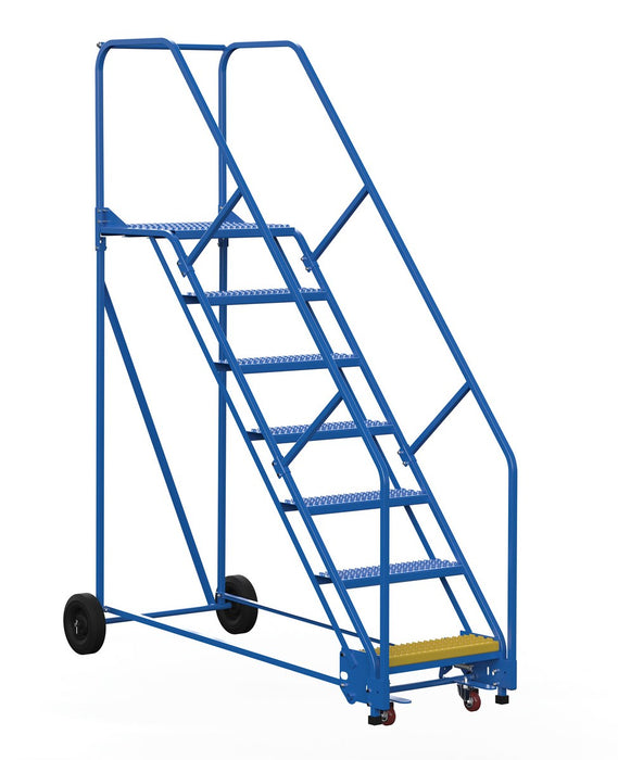 Vestil LAD-7-21-G-EZ Steel Rolling Warehouse Ladder 50 Degree 7 Grip Strut 23-9/16 in. Step Width 350 lb. Capacity Blue