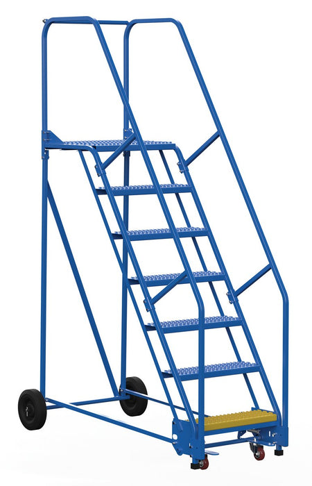 Vestil LAD-7-21-G Steel Rolling Warehouse Ladder 58 Degree 7 Grip Strut 23-9/16 in. Step Width 350 lb. Capacity Blue