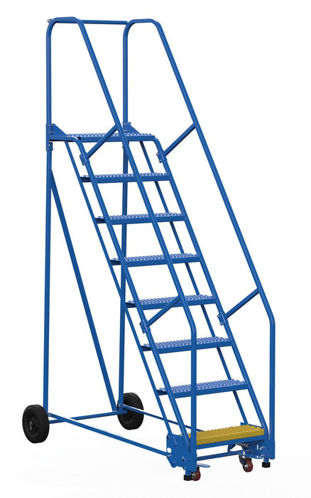 Vestil LAD-8-14-G Steel Rolling Warehouse Ladder 58 Degree 8 Grip Strut 23-9/16 in. Step Width 350 lb. Capacity Blue