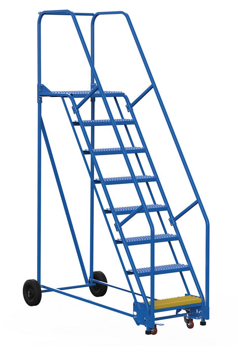 Vestil LAD-8-21-G Steel Rolling Warehouse Ladder 58 Degree 8 Grip Strut 23-9/16 in. Step Width 350 lb. Capacity Blue