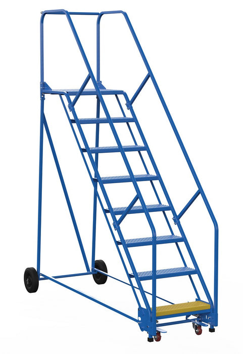 Vestil LAD-8-21-P-EZ Steel Rolling Warehouse Ladder 50 Degree 8 Perforated 23-9/16 in. Step Width 350 lb. Capacity Blue