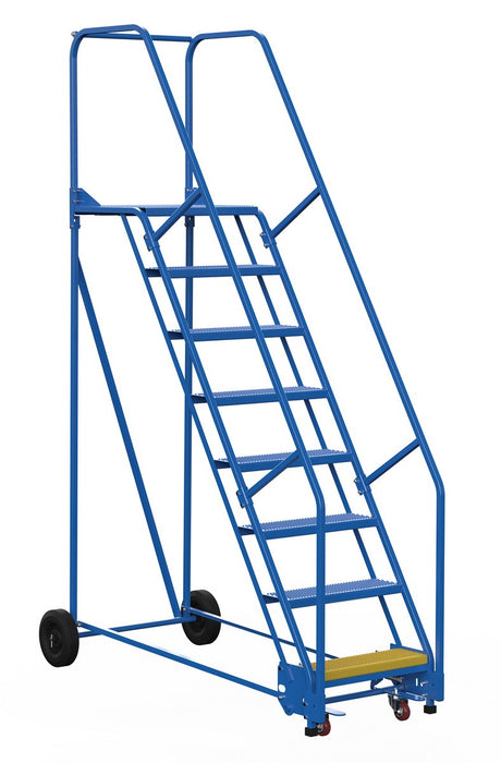 Vestil LAD-8-21-P Steel Rolling Warehouse Ladder 58 Degree 8 Perforated 23-9/16 in. Step Width 350 lb. Capacity Blue
