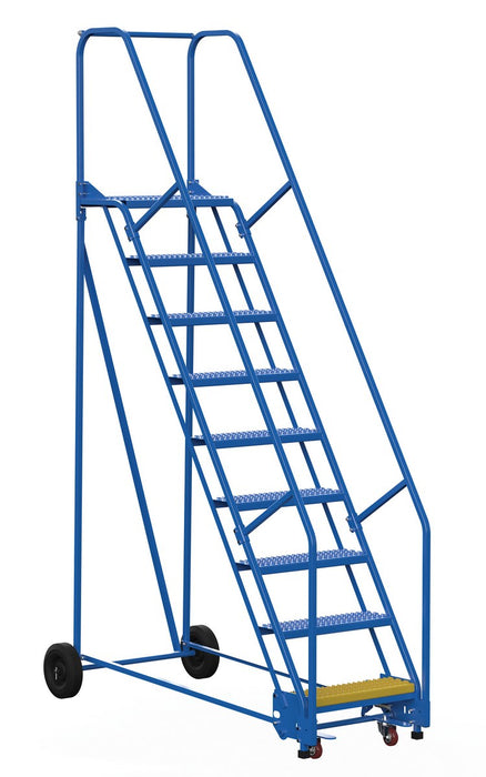 Vestil LAD-9-14-G Steel Rolling Warehouse Ladder 58 Degree 9 Grip Strut 23-9/16 in. Step Width 350 lb. Capacity Blue