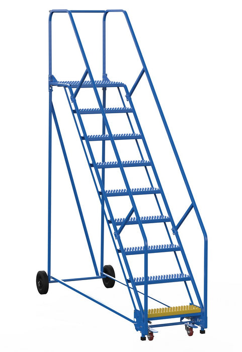Vestil LAD-9-21-G-EZ Steel Rolling Warehouse Ladder 50 Degree 9 Grip Strut 23-9/16 in. Step Width 350 lb. Capacity Blue