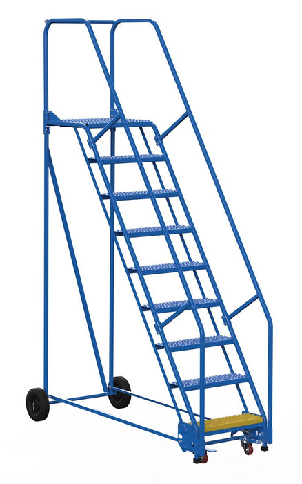 Vestil LAD-9-21-G Steel Rolling Warehouse Ladder 58 Degree 9 Grip Strut 23-9/16 in. Step Width 350 lb. Capacity Blue