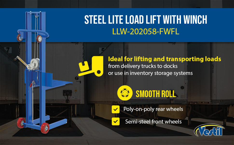 Vestil LLW-202058-FWFL steel lite load lift with winch, fixed wheels and feature overview 3