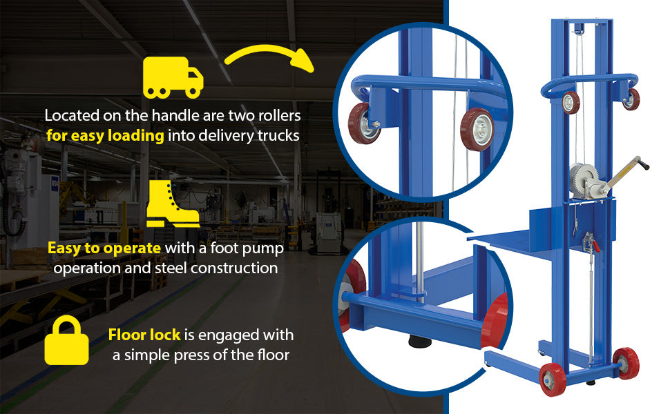 Vestil LLW-202058-FWFL steel lite load lift with winch, fixed wheels and feature overview 1