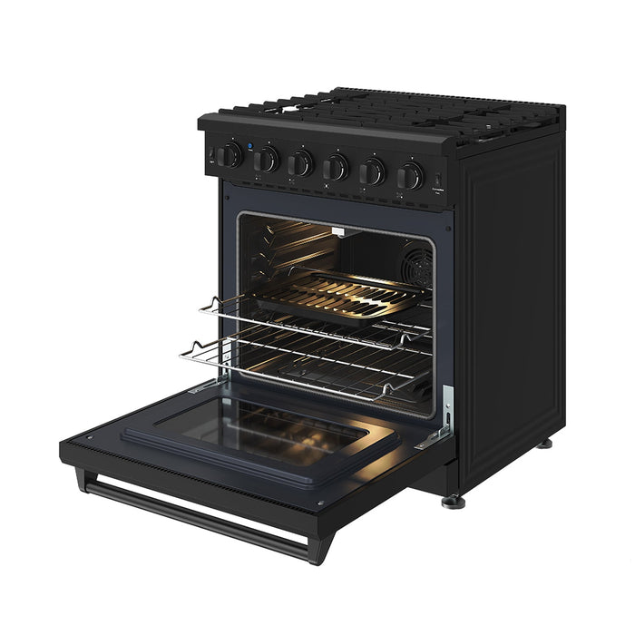 Thor Kitchen 30-Inch Black Gas Range (LRG3001UB) – front right side open