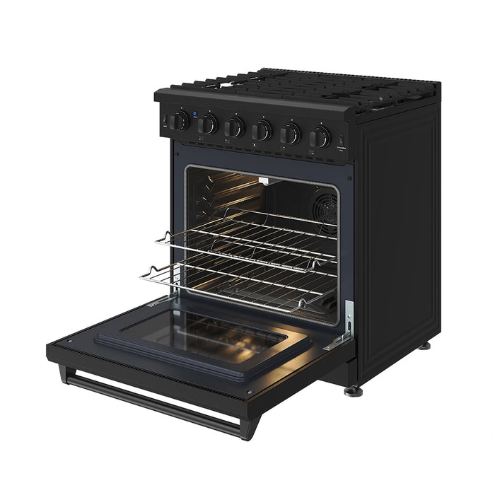 Thor Kitchen 30-Inch Black Gas Range (LRG3001UB) – front right side open with broil pan