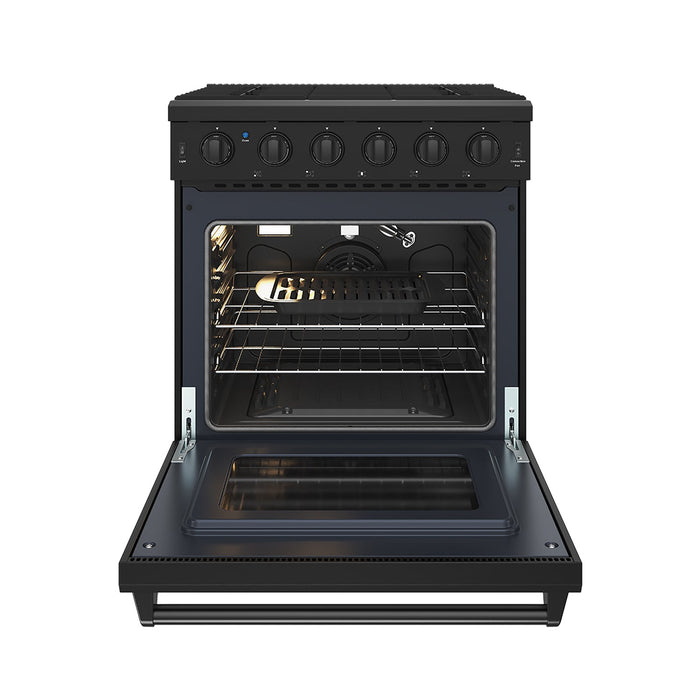 Thor Kitchen 30-Inch Black Gas Range (LRG3001UB) – front side open