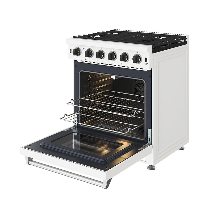 Thor Kitchen 30-Inch White Gas Range (LRG3001UW) – front right side open