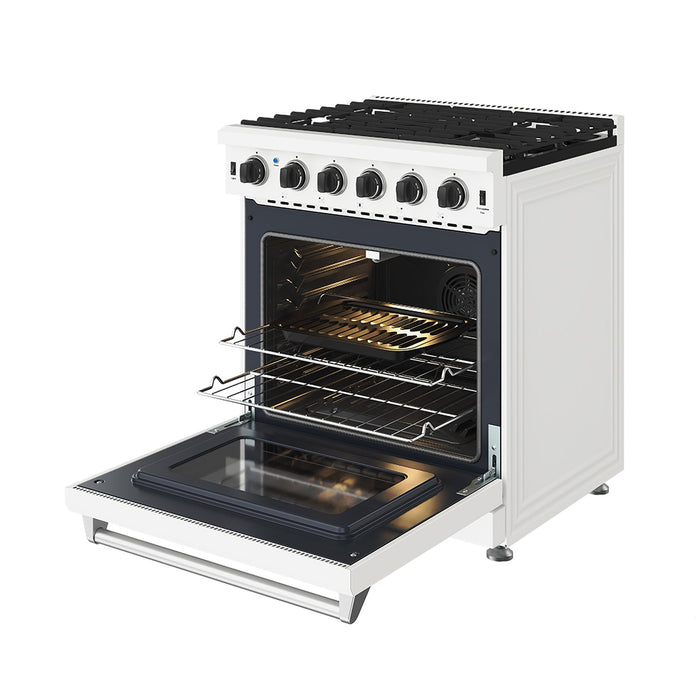 Thor Kitchen 30-Inch White Gas Range (LRG3001UW) – front right side open with broil pan