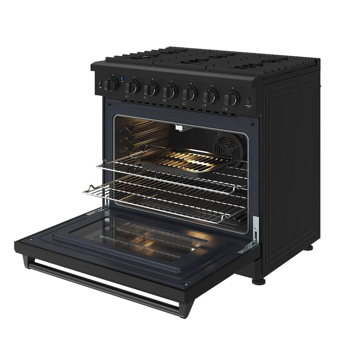 Thor Kitchen 36-Inch Black Gas Range (LRG3601UB) – front right side open with broil pan