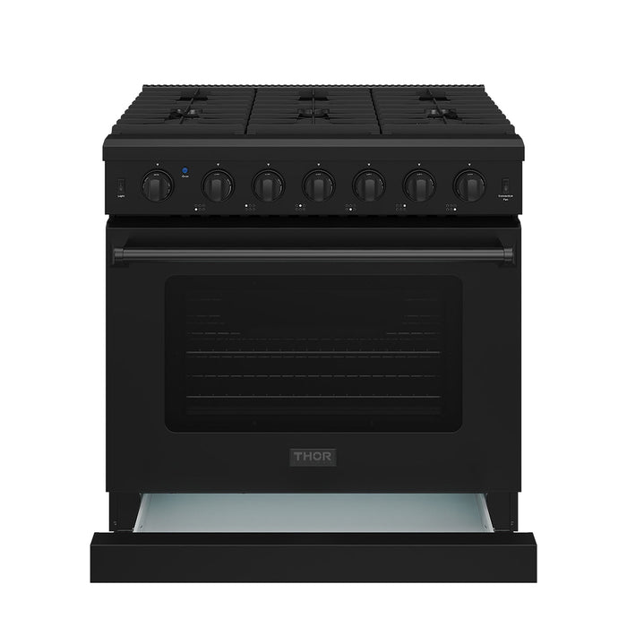 Thor Kitchen 36-Inch Black Gas Range (LRG3601UB) – front side drawer