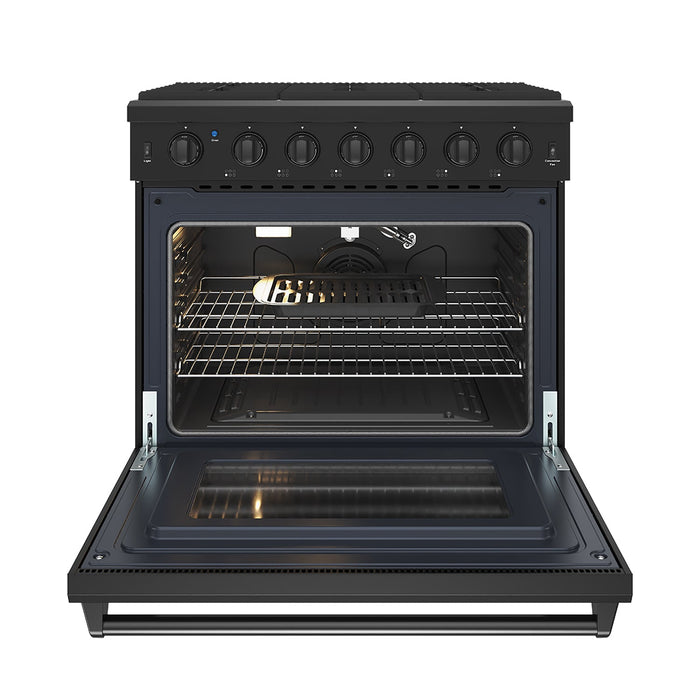 Thor Kitchen 36-Inch Black Gas Range (LRG3601UB) – front side open