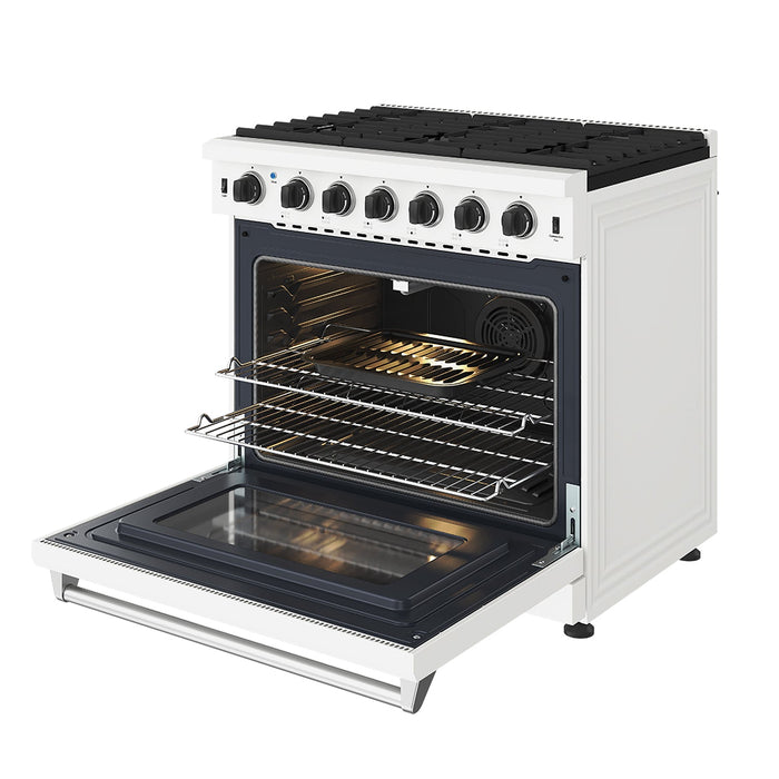 Thor Kitchen 36-Inch White Gas Range (LRG3601UW) – front right side open with broil pan