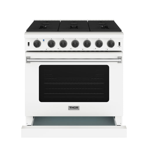 Thor Kitchen 36-Inch White Gas Range (LRG3601UW) – front side drawer