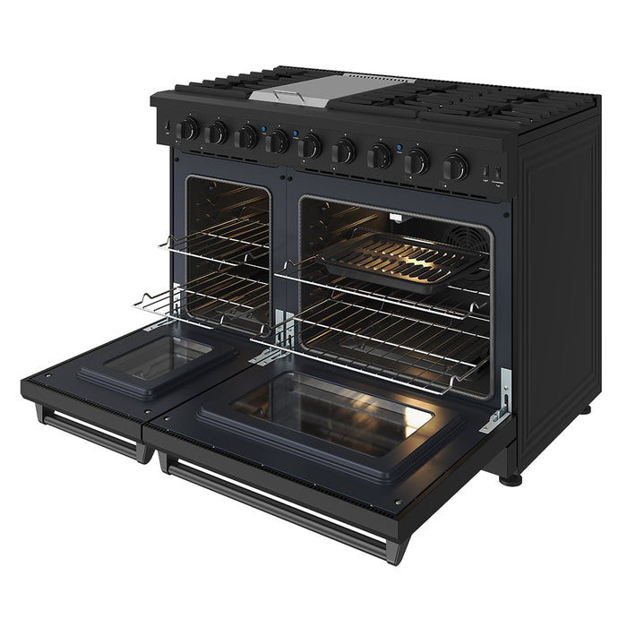 Thor Kitchen 48-Inch Black Gas Range (LRG4807UB) – front right side open with broil pan