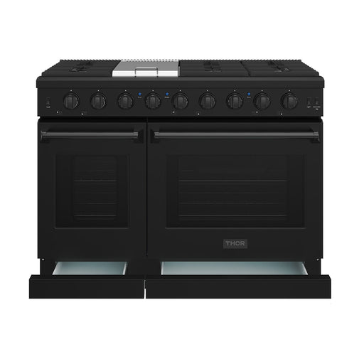 Thor Kitchen 48-Inch Black Gas Range (LRG4807UB) – front side drawer open