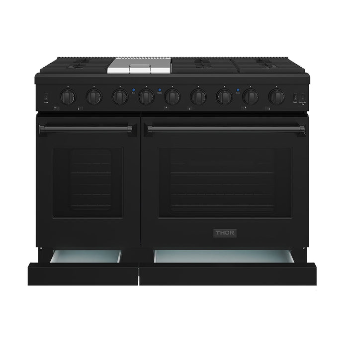 Thor Kitchen 48-Inch Black Gas Range (LRG4807UB) – front side drawer open