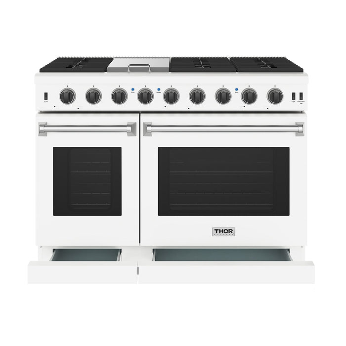 Thor Kitchen 48-Inch White Gas Range (LRG4807UW) – front side drawer open