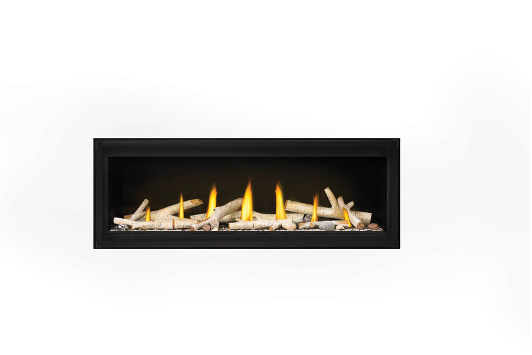 Napoleon Luxuria 50 single-sided natural gas linear fireplace with birch logs and Shore Fire media