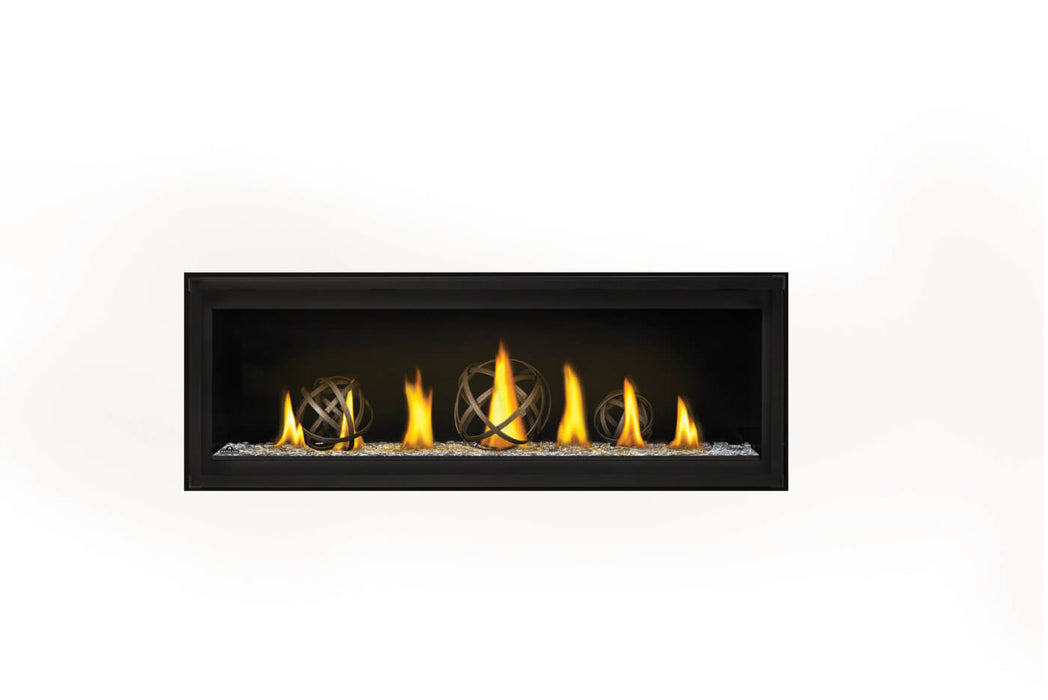 Napoleon Luxuria 50 single-sided natural gas linear fireplace with wrought iron globes and glass beads
