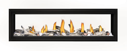 Napoleon Luxuria 62 see-through natural gas linear fireplace with mineral rock, Shore Fire and Beach Fire media