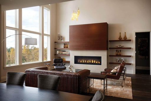 Napoleon Luxuria 62 see-through natural gas linear fireplace in a contemporary living room