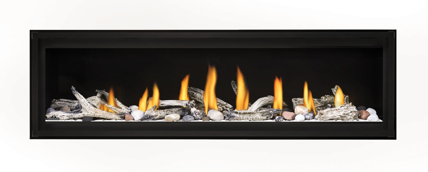Napoleon Luxuria 62 single-sided natural gas linear fireplace with mineral rock, Shore Fire and Beach Fire media