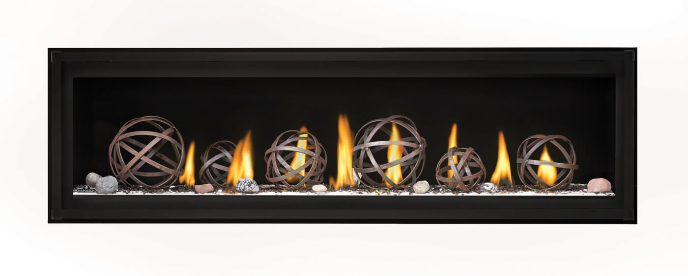 Napoleon Luxuria 62 single-sided natural gas linear fireplace with wrought iron globes and Shore Fire media