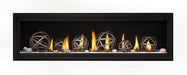 Napoleon Luxuria 62 single-sided natural gas linear fireplace with wrought iron globes and Shore Fire media