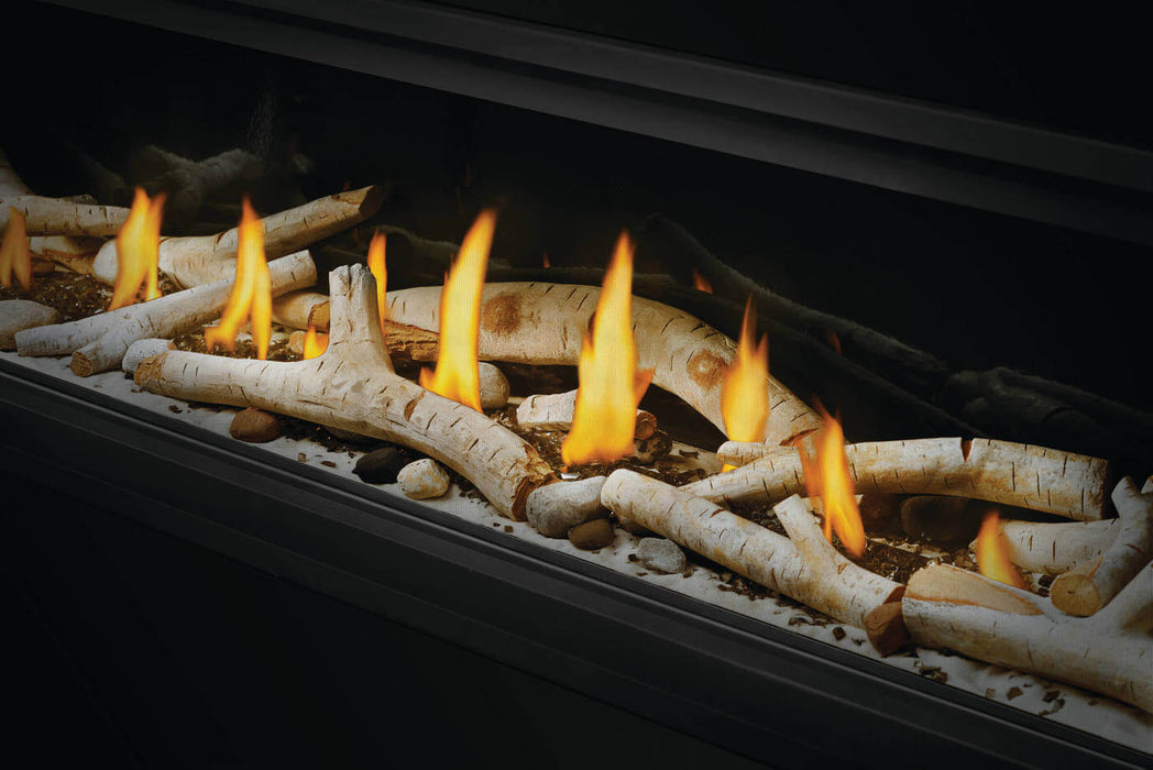 Napoleon Luxuria 62 single-sided natural gas linear fireplace birch logs and Shore Fire media detail