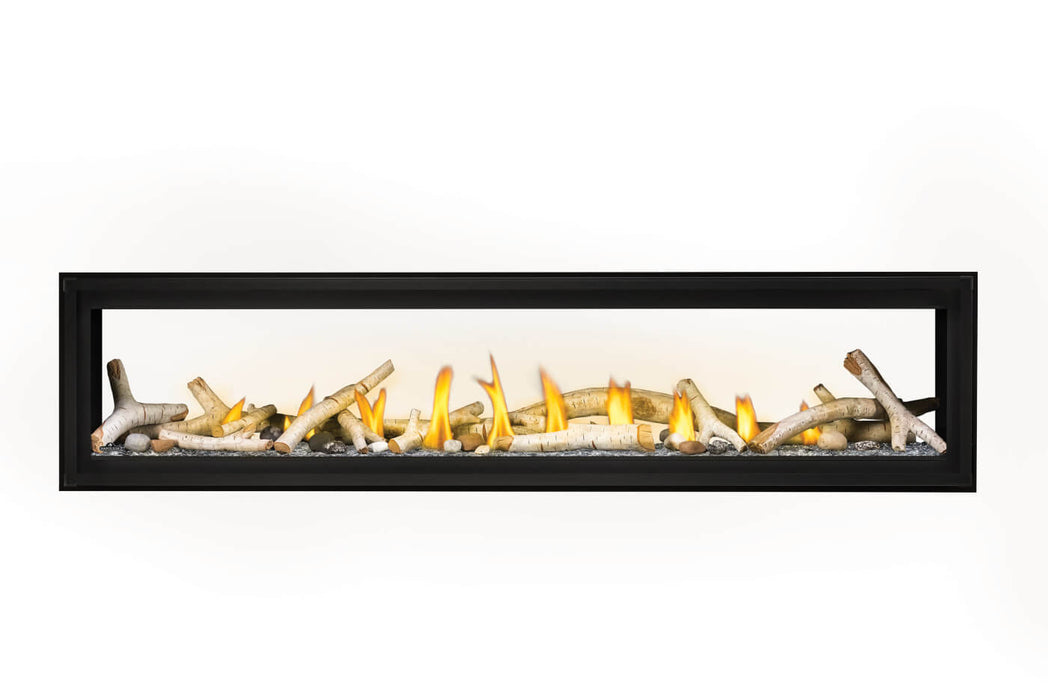 Napoleon Luxuria 74 see-through natural gas linear fireplace with birch logs and glass beads