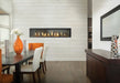 Napoleon Luxuria 74 see-through natural gas linear fireplace between a dining room and living space