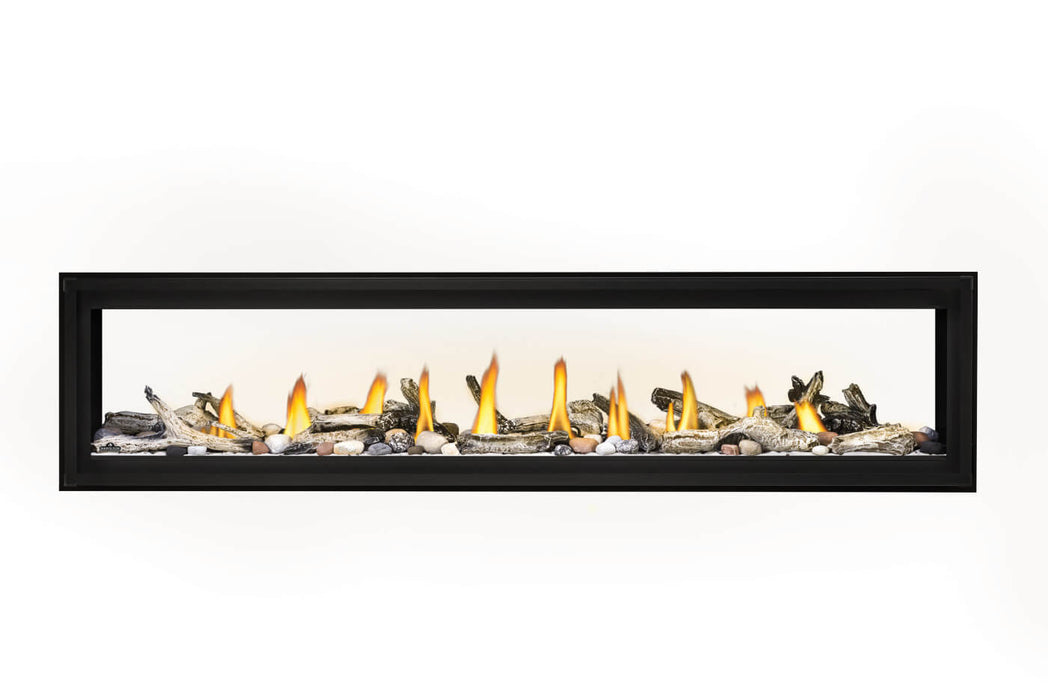 Napoleon Luxuria 74 see-through natural gas linear fireplace with mineral rock, Shore Fire and Beach Fire media