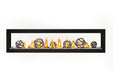 Napoleon Luxuria 74 see-through natural gas linear fireplace with wrought iron globes and Shore Fire media