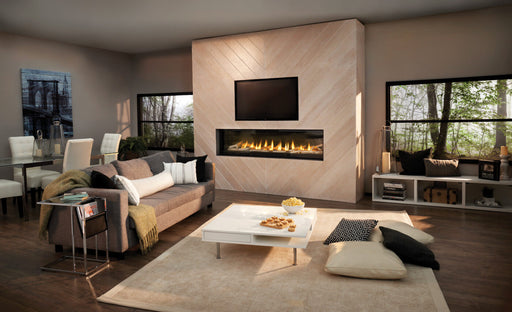 Napoleon Luxuria 74 single-sided natural gas linear fireplace in a modern living room
