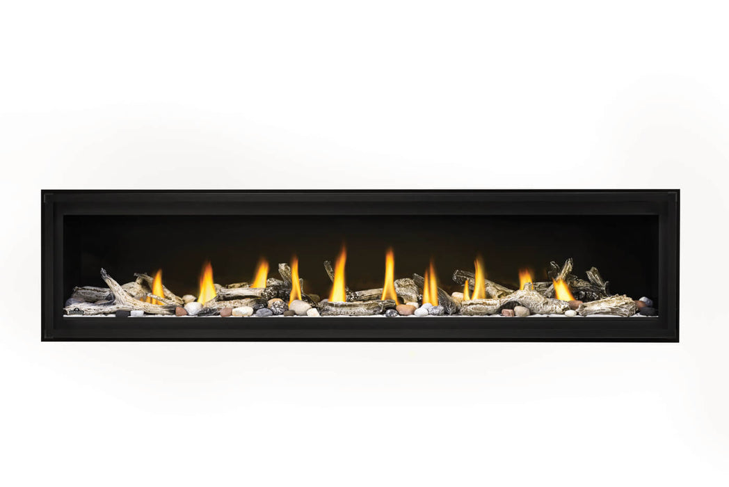 Napoleon Luxuria 74 single-sided natural gas linear fireplace with mineral rock, Shore Fire and Beach Fire media