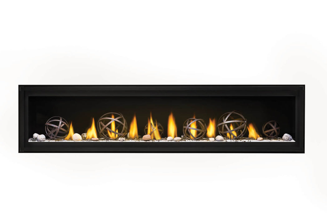 Napoleon Luxuria 74 single-sided natural gas linear fireplace with wrought iron globes and Shore Fire media
