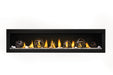 Napoleon Luxuria 74 single-sided natural gas linear fireplace with wrought iron globes and Shore Fire media