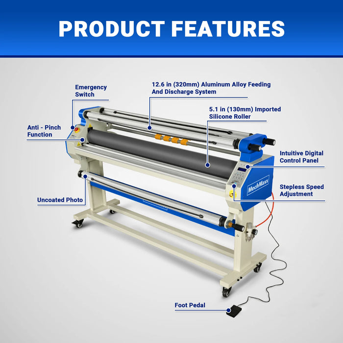 65" Wide Format Full-Auto Cold & Heat Assisted Pneumatic Laminator Machine with 4 Trimmers, Max Speed 40ft/min, 63" Max Width, 1.1" Max Thickness, Infrared Heating, Digital Control Pneumatic Roller Lifting (Requires Air Compressor, Not Included) 1700-B1
