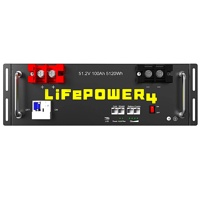EG4 LifePower4 Lithium Batteries Kit - 30.72kWh - 6 Server Rack Batteries With Pre-Assembled Enclosed Rack - With Door & Wheels - Welded - front face view of EG4 LifePower4 V2 Battery