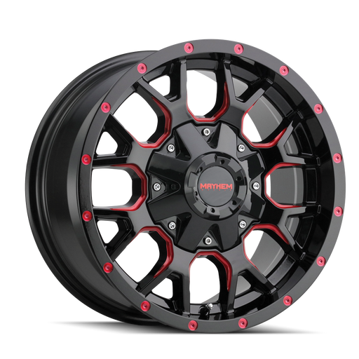 Mayhem 8015 Warrior 17x9 Gloss Black Milled Prism Red wheel front view