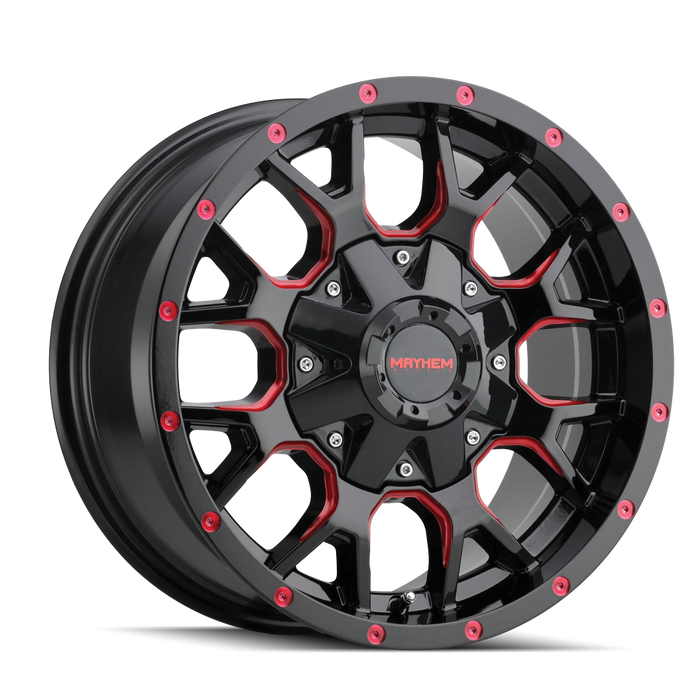 Mayhem 8015 Warrior 17x9 Gloss Black Milled Prism Red wheel front view