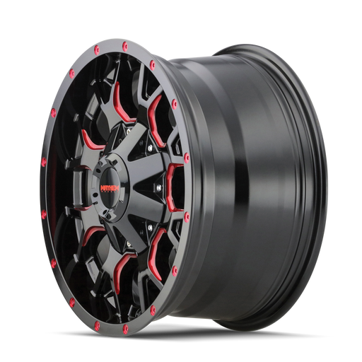 Mayhem 8015 Warrior Gloss Black Milled Prism Red 17 inch wheel angled view