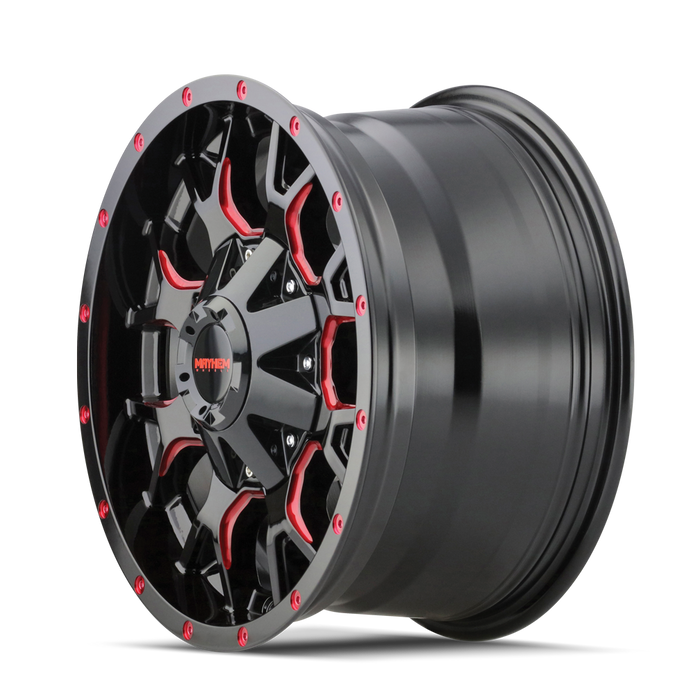 Mayhem 8015 Warrior Gloss Black Milled Prism Red 17 inch wheel angled view