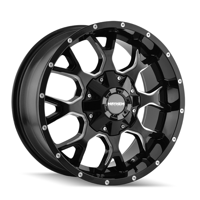 Mayhem 8015 Warrior Gloss Black Milled 20 inch wheel angled view