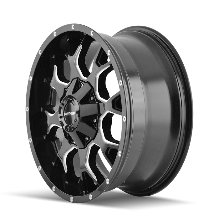 Mayhem 8015 Warrior wheel center cap and Gloss Black Milled face detail close up
